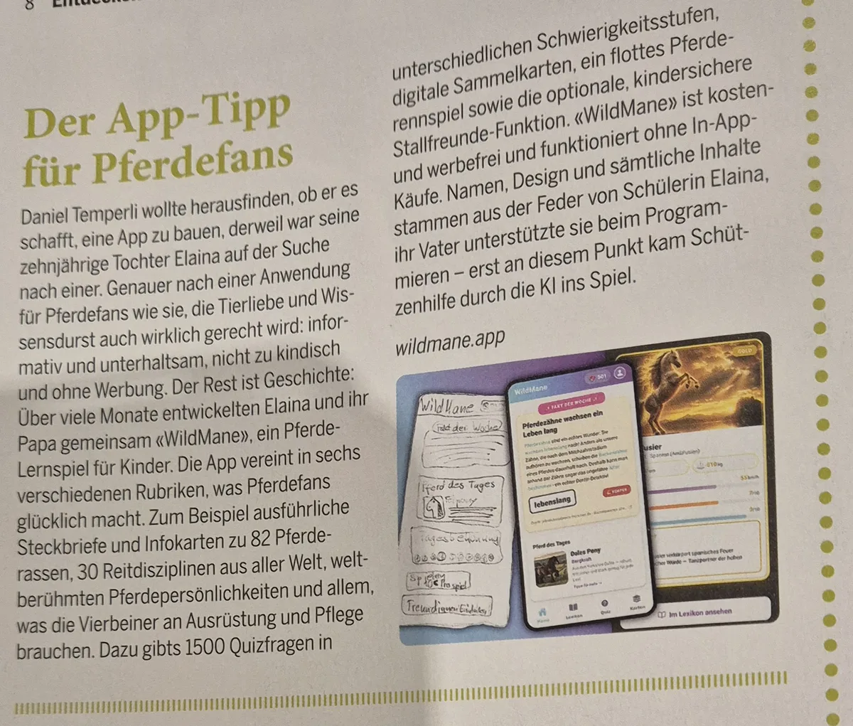 Der Artikel «Der App-Tipp für Pferdefans» im Fritz+Fränzi ElternMagazin — mit Elainas Original-Skizzen neben den App-Screens