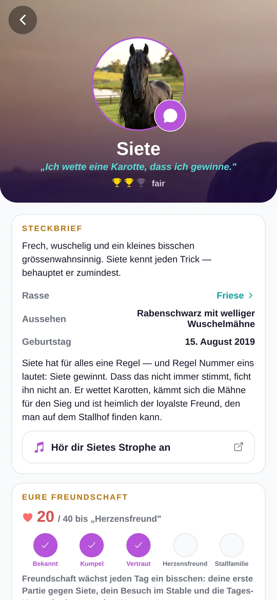 Steckbrief von Siete mit grossem Szenen-Bild, Rasse, Geburtstag und Freundschafts-Band