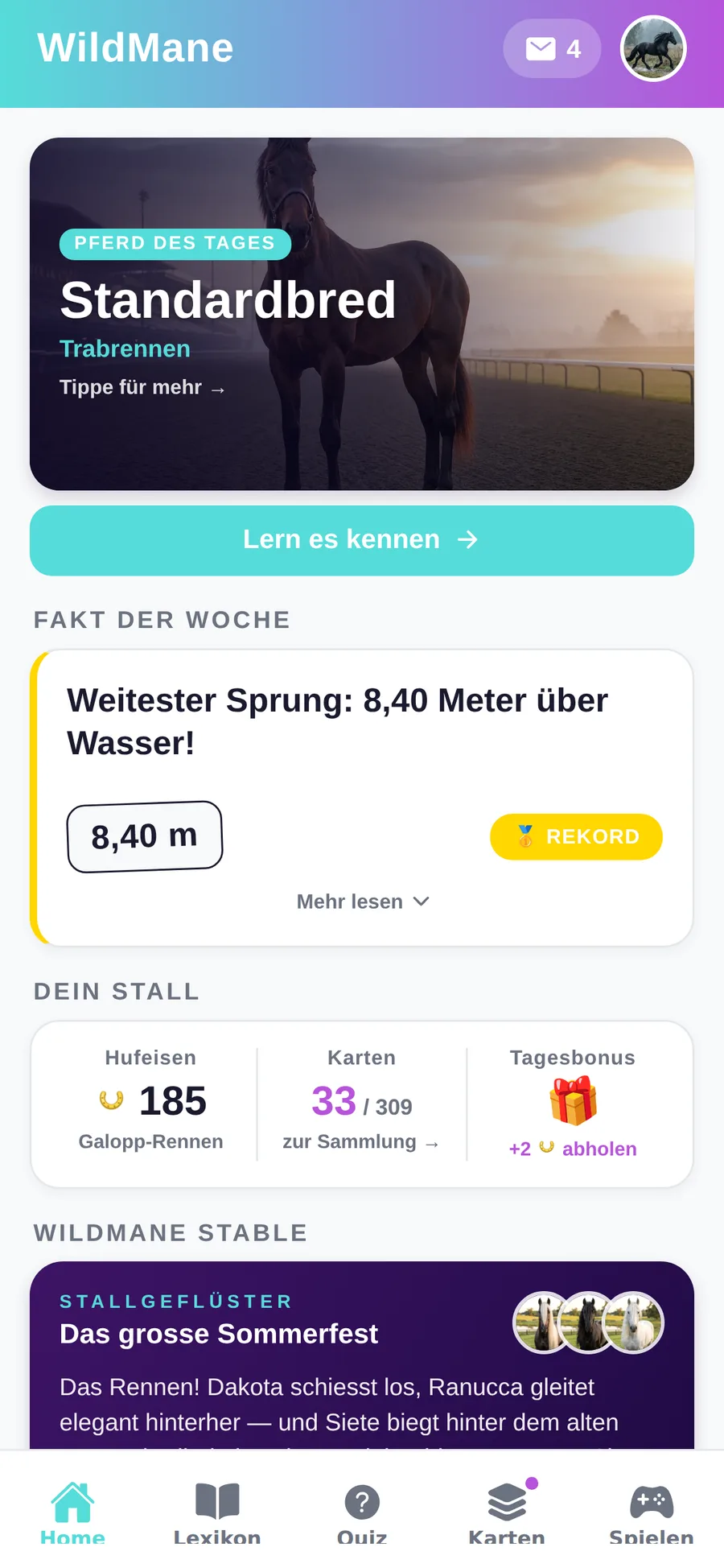 WildMane App-Startseite mit Pferd des Tages, Fakt der Woche, dem eigenen Stall und dem WildMane Stable