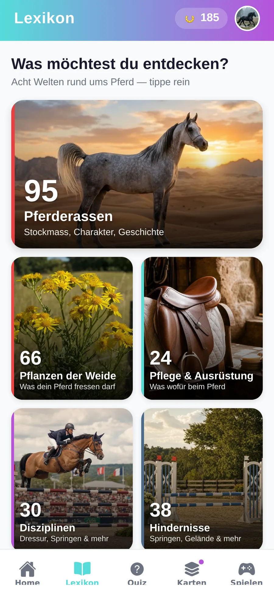 Lexikon-Übersicht mit acht Welten: Pferderassen, Pflanzen der Weide, Pflege & Ausrüstung, Disziplinen, Hindernisse, Berühmte Pferde, Farben & Abzeichen, Film & Serien