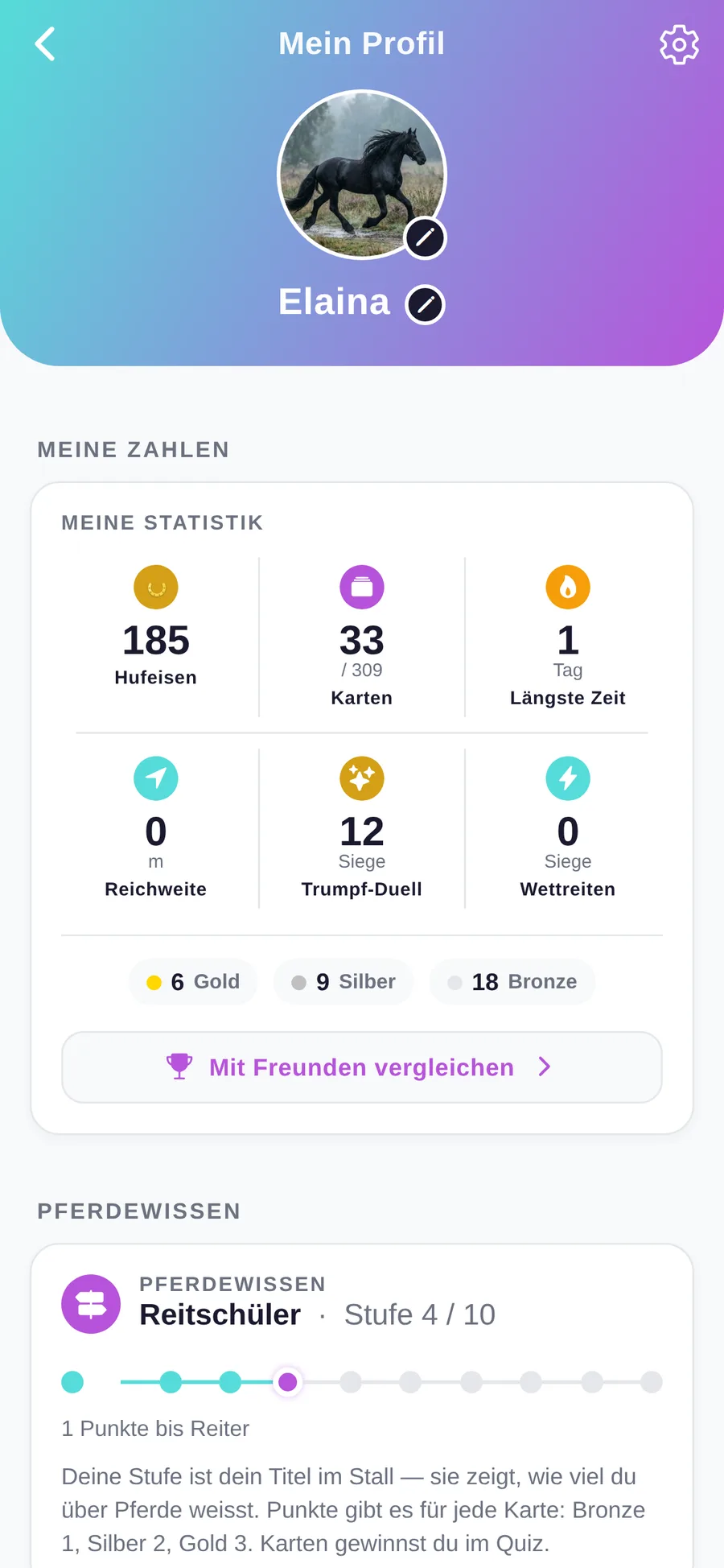 Mein Profil mit Avatar, Statistik (Pferde, Streak, Reichweite) und Errungenschaften