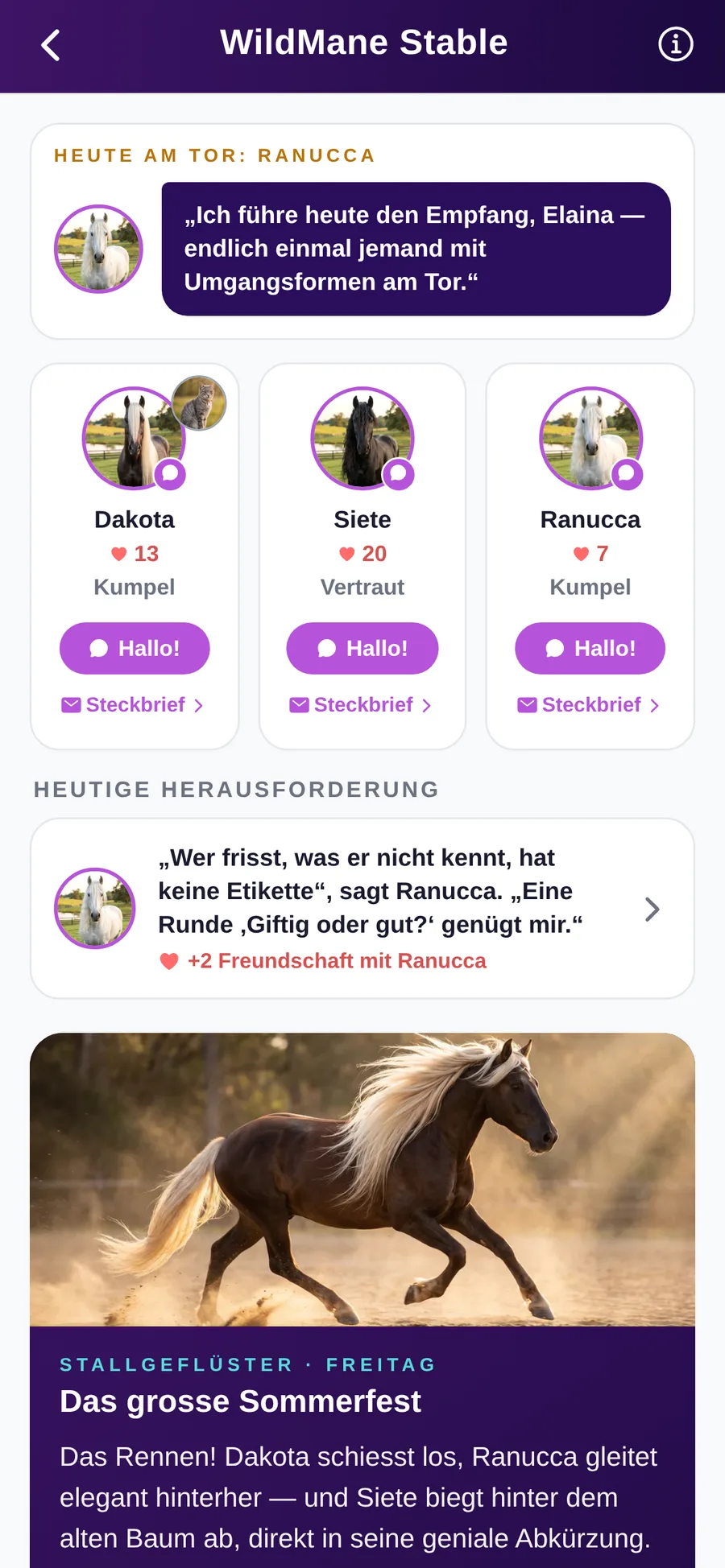 Der WildMane Stable in der App: Begrüssung am Tor, die drei Bewohner mit Herzen und Freundschafts-Stufen, Tages-Herausforderung und die heutige Stallgeflüster-Episode mit Titelbild