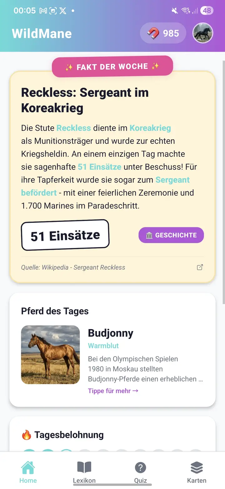 WildMane App-Startseite mit Fakt der Woche und Pferd des Tages
