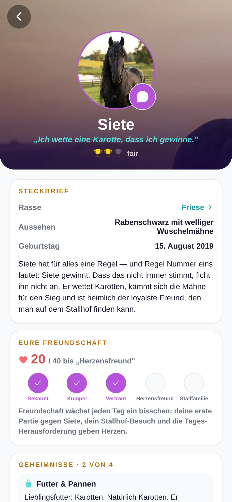Steckbrief von Siete mit grossem Szenen-Bild, Rasse, Geburtstag und Freundschafts-Band