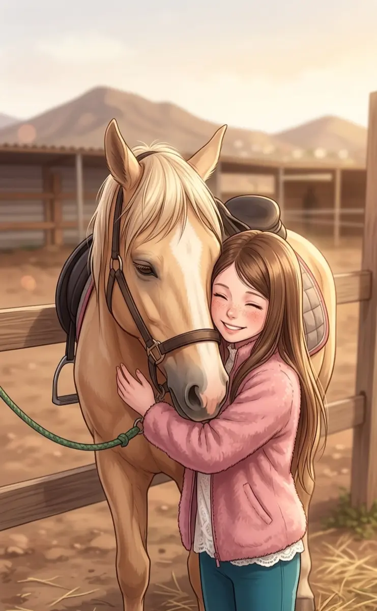 Illustration: Elaina umarmt ihr Traum-Pferd, ein hellbraunes Palomino